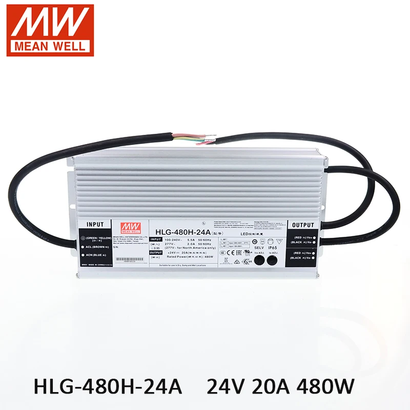 Светодиодный Источник Питания MEAN WELL HLG-480H-24A 24V Регулируемый светодиодный драйвер 110V/220V переменного тока до 24V постоянного тока 20A 480W водонепроницаемый Трансформатор IP65