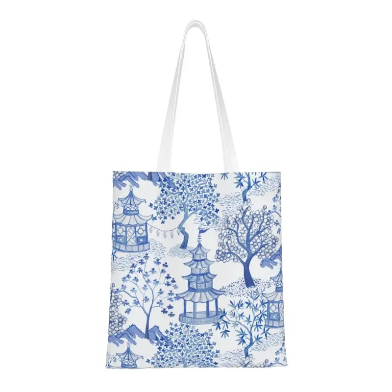 Симпатичная сумка для покупок в лесу Пагода Многоразового использования Blue Delft Vintage Chinoiserie Canvas Grocery Сумка для покупок через плечо