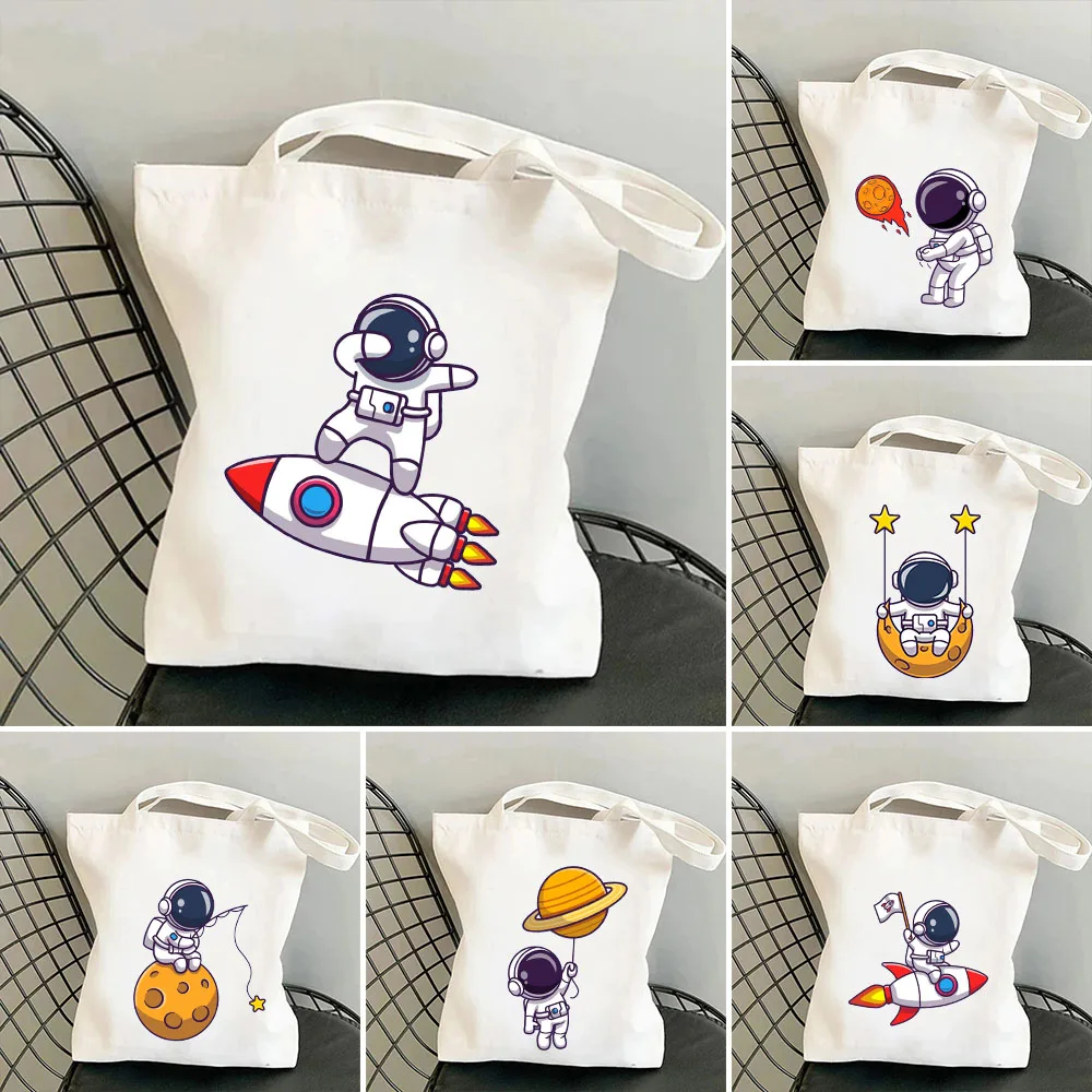 Симпатичный астронавт Планета Сатурн Звезда Кошка Свинья Корги Луна Космическая Вселенная Женская холщовая сумка через плечо Хлопчатобумажная Пляжная сумка для покупок