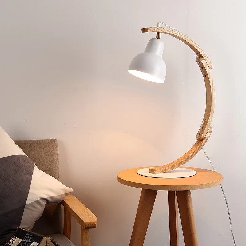 Современная дуговая настольная лампа из массива дерева для прикроватной тумбочки в спальне, Регулируемая Светодиодная защита для глаз, настольная лампа для внутреннего освещения, Модная