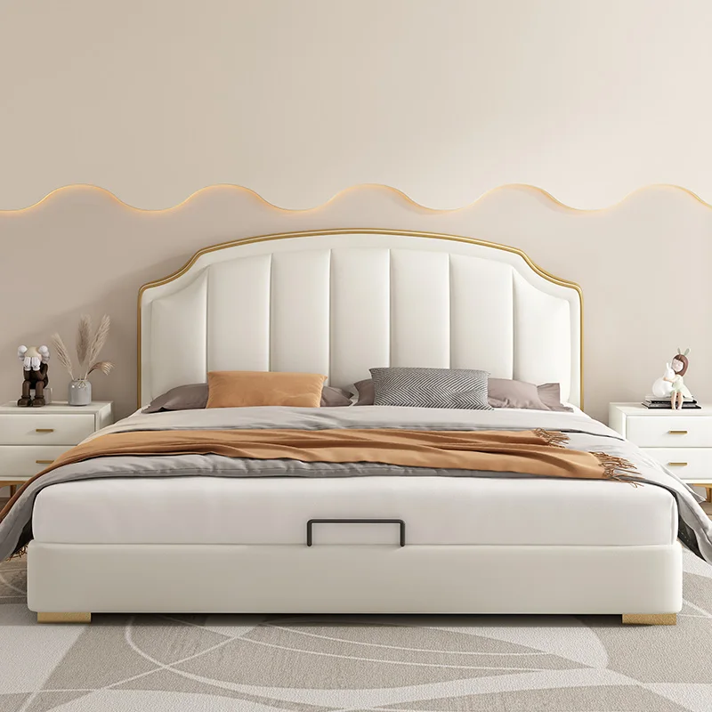 Современная простая и роскошная кожаная кровать В главной спальне Кремовая спальня с двуспальной кроватью 2023 Года Выпуска