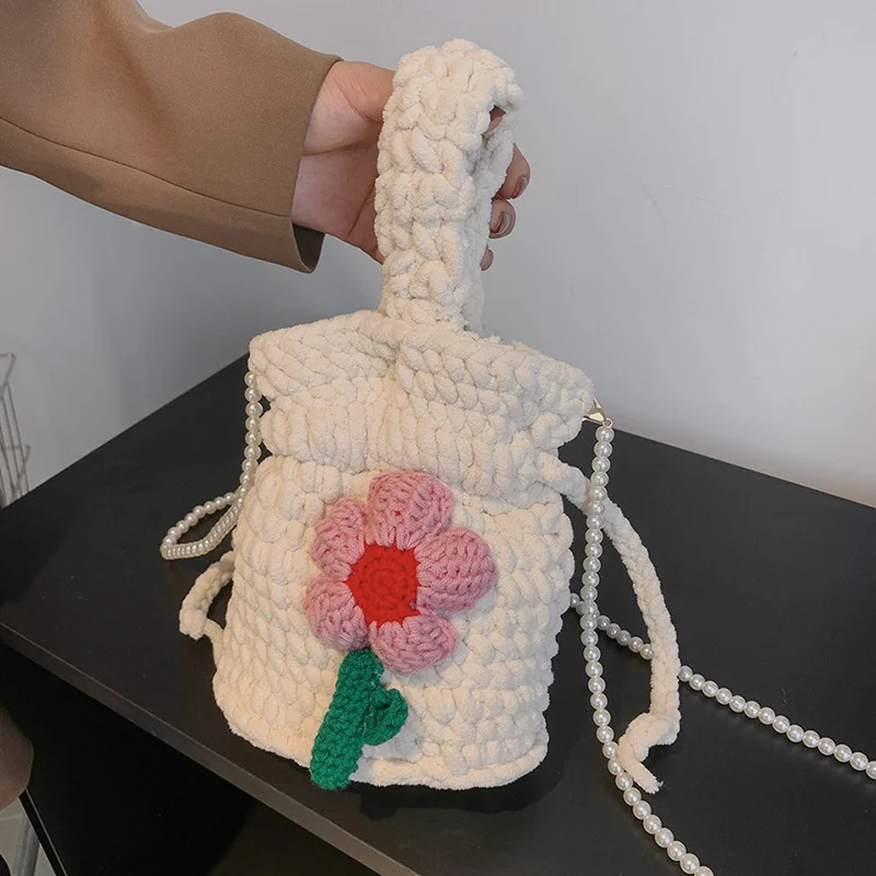 Сумка для вязания крючком из веревки, женская сумка-ведро с жемчужной цепочкой ручной работы, дизайнерские вязаные сумки через плечо для женщин, тканый кошелек из плотной вязки