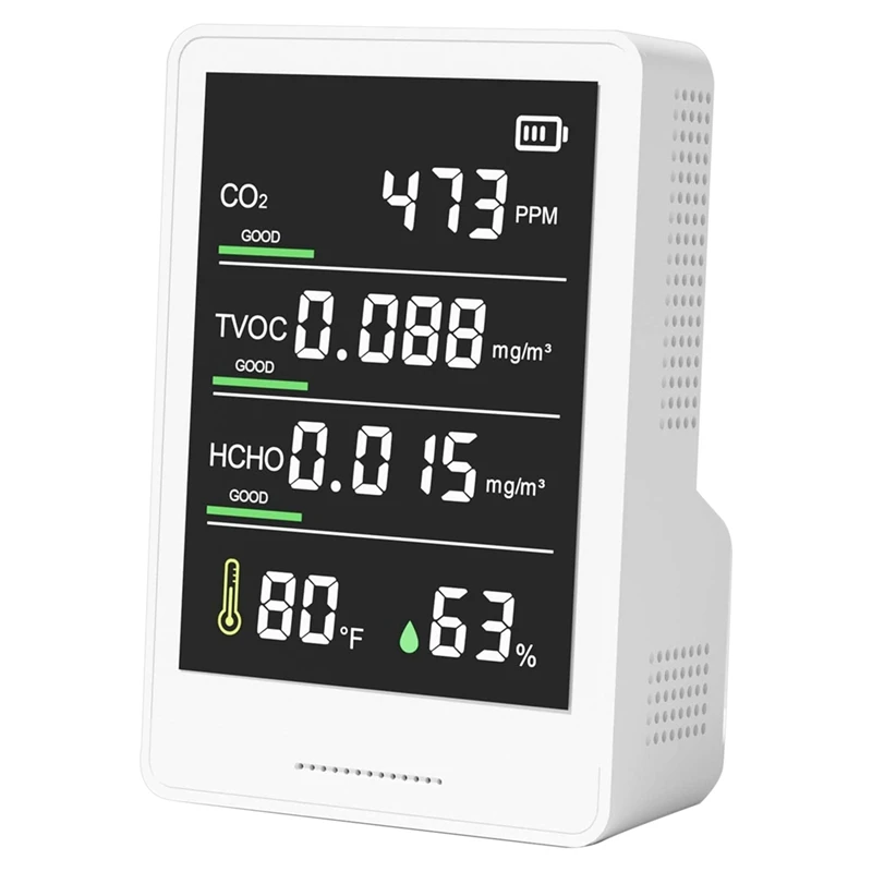 Счетчик CO2, TVOC, HCHO, влажности и температуры, счетчик частиц, монитор качества воздуха в помещении Белый для дома, офиса