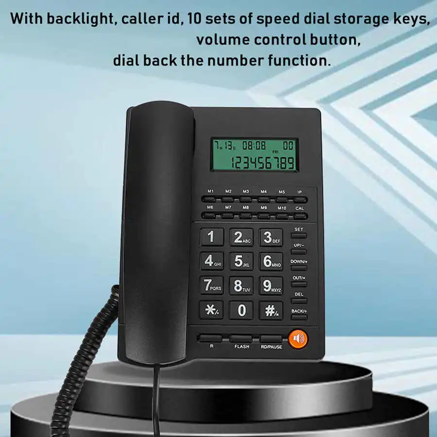 Телефонный идентификатор вызывающего абонента Проводной телефон Многофункциональный стационарный телефон с 10 наборами сочетаний клавиш для офиса дома отеля Черный