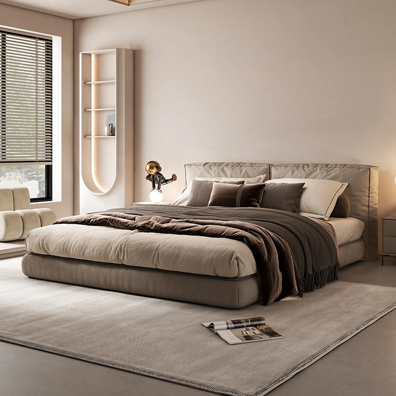 Тканевая двуспальная кровать в скандинавском современном стиле, простая главная спальня, свадебная кровать, легкая роскошь, итальянский минимализм, большая кровать, низкая кровать, татами