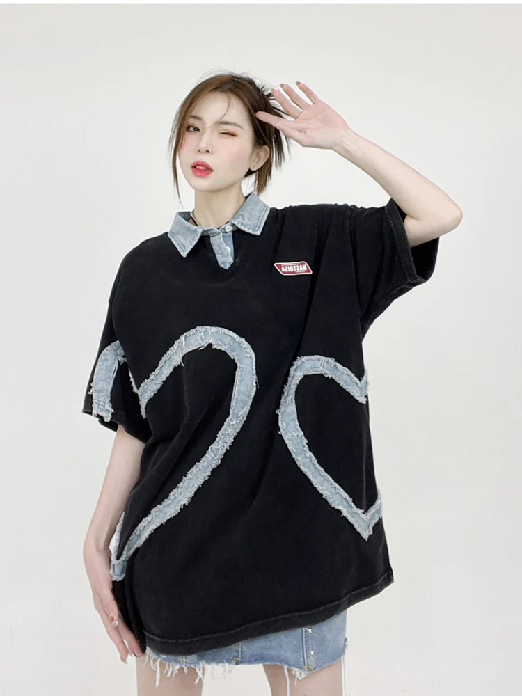 Уличная мода Y2k Одежда с отложным воротником, короткий рукав, Футболки в стиле пэчворк с сердечками, Американский винтажный женский топ контрастного цвета.
