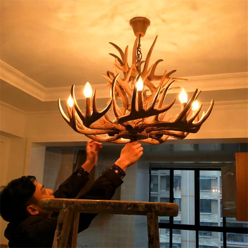 Художественная светодиодная люстра Nordic Candle с оленьими рогами, подвесные светильники из смолы в американском ретро стиле с оленьим рогом, украшение дома, освещение кухни.