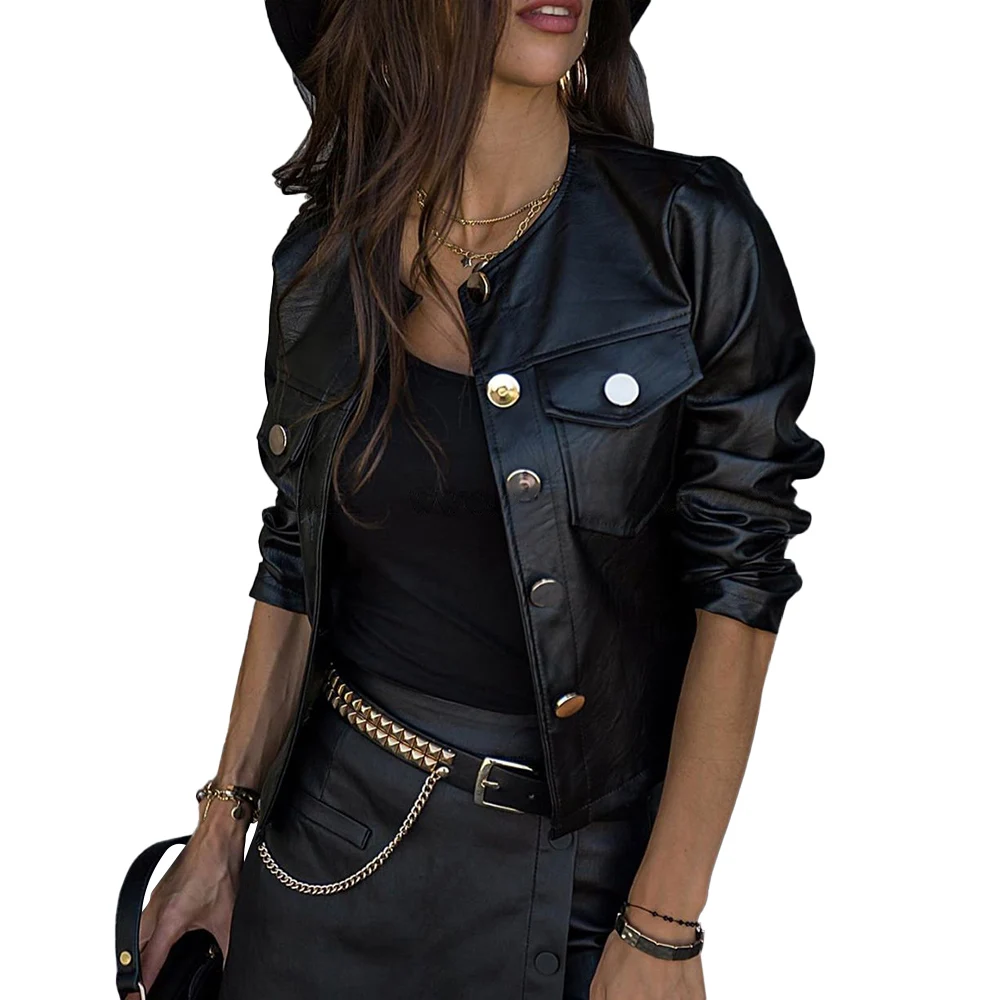 Черная куртка из искусственной кожи для женщин, модное женское пальто из искусственной кожи, куртки на молнии, верхняя одежда, женский топ с круглым вырезом и длинным рукавом.