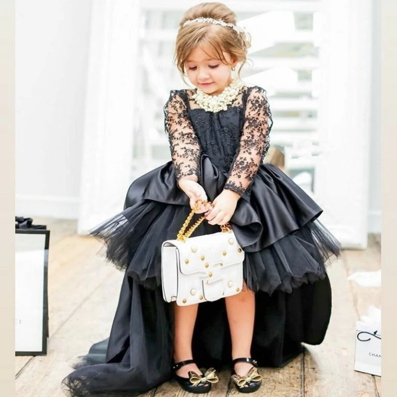 Черные платья для девочек в цветочек, Кружевное платье с аппликацией на шее, кружевная одежда для девочек с длинными рукавами и рюшами, Атласная одежда для вечеринки по случаю Дня рождения для девочек