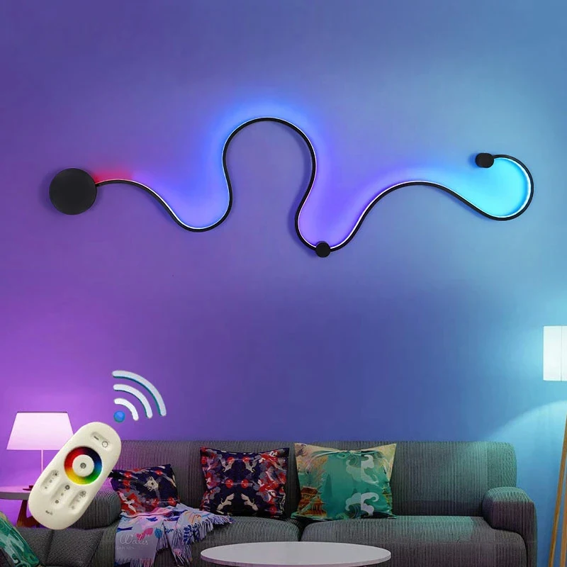 Черный RGB Светодиодный настенный светильник с линейной волной, Минималистичный RGB Длинный Светодиодный настенный светильник с дистанционным управлением для спальни, гостиной, дома