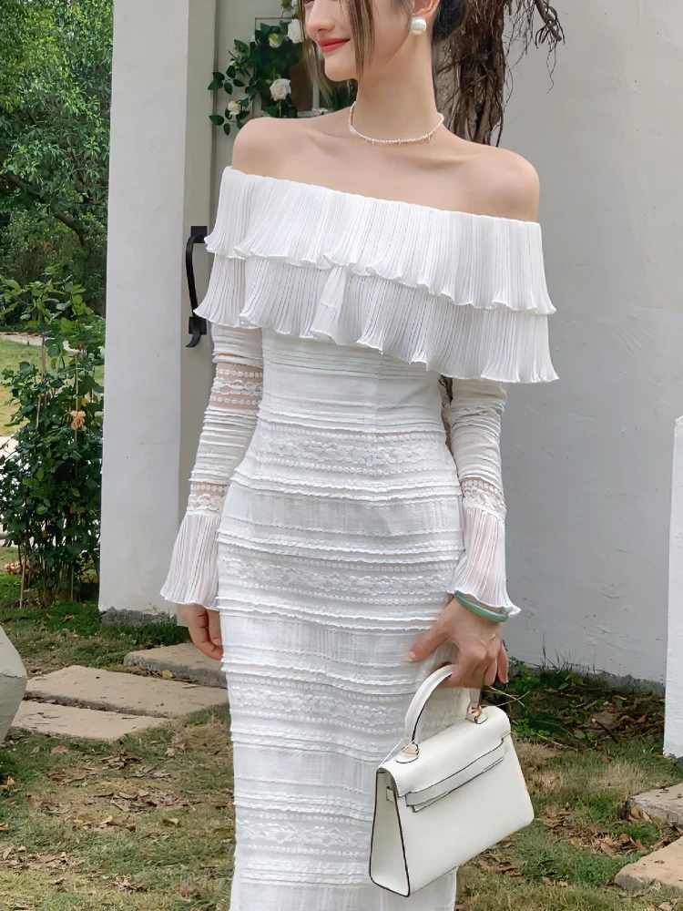 Элегантное Белое платье миди, офисное Женское платье с длинным рукавом, сексуальное платье для пляжной вечеринки, женское Шикарное Летнее цельное платье 2023, Корейское