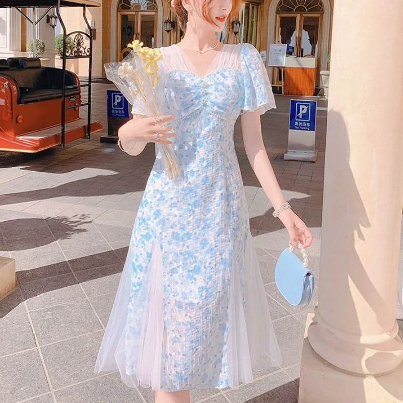 Элегантное платье с цветочным рисунком для Дня рождения для женщин, французские винтажные вечерние платья Миди с синим принтом, летнее модное повседневное пляжное платье в стиле бохо 2021