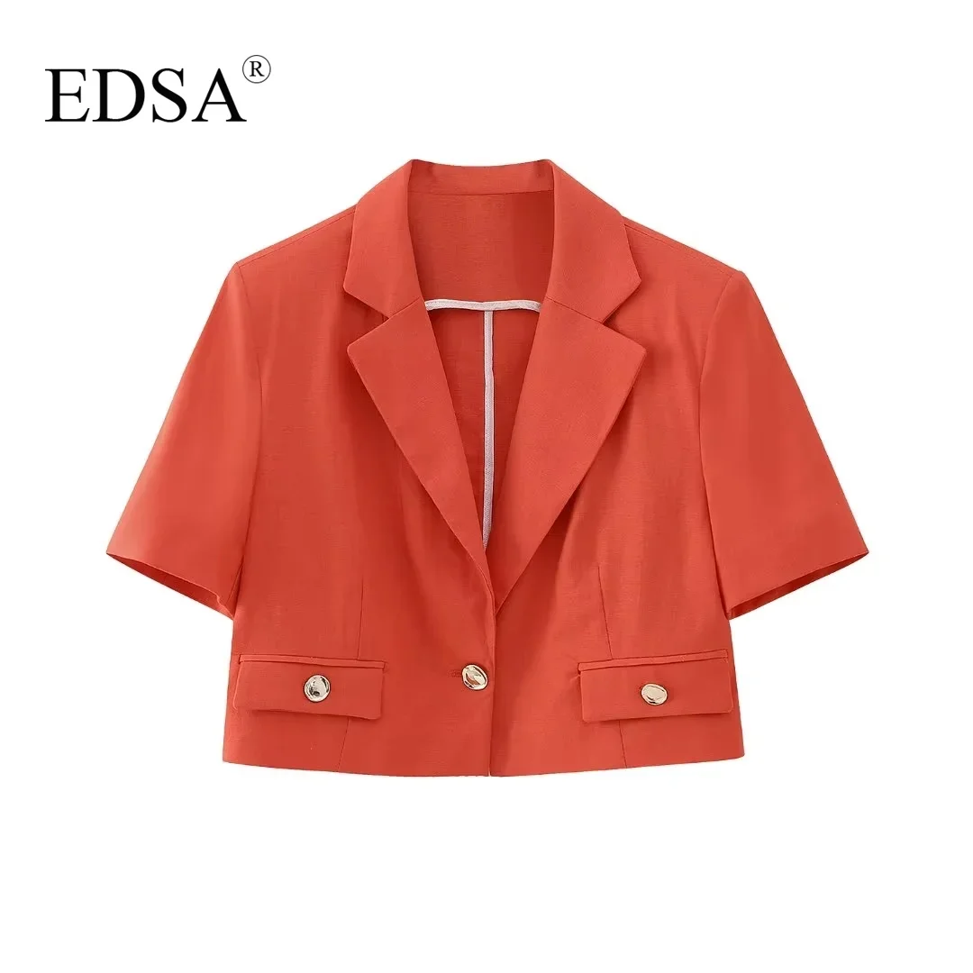 Энса женская мода красной линией смесь укороченный блейзер куртка 2023 лето воротник с лацканами, короткие рукава мягкий золотистый кнопку плечи 