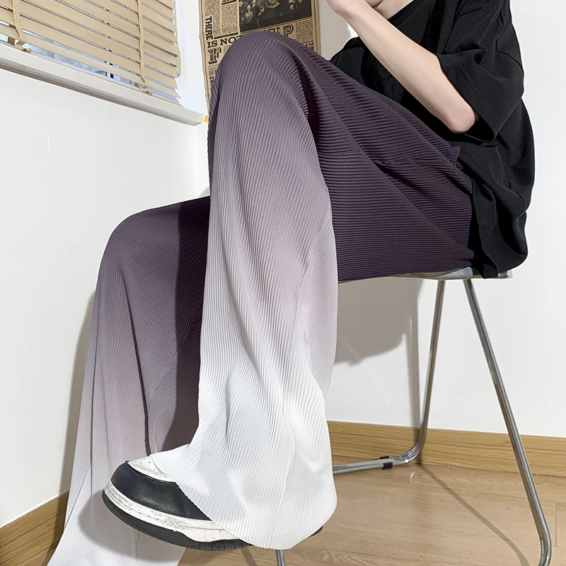 Эстетичные спортивные штаны из ледяного шелка градиентного цвета, мужские повседневные широкие брюки для уборки, мужские летние тонкие свободные брюки Harajuku