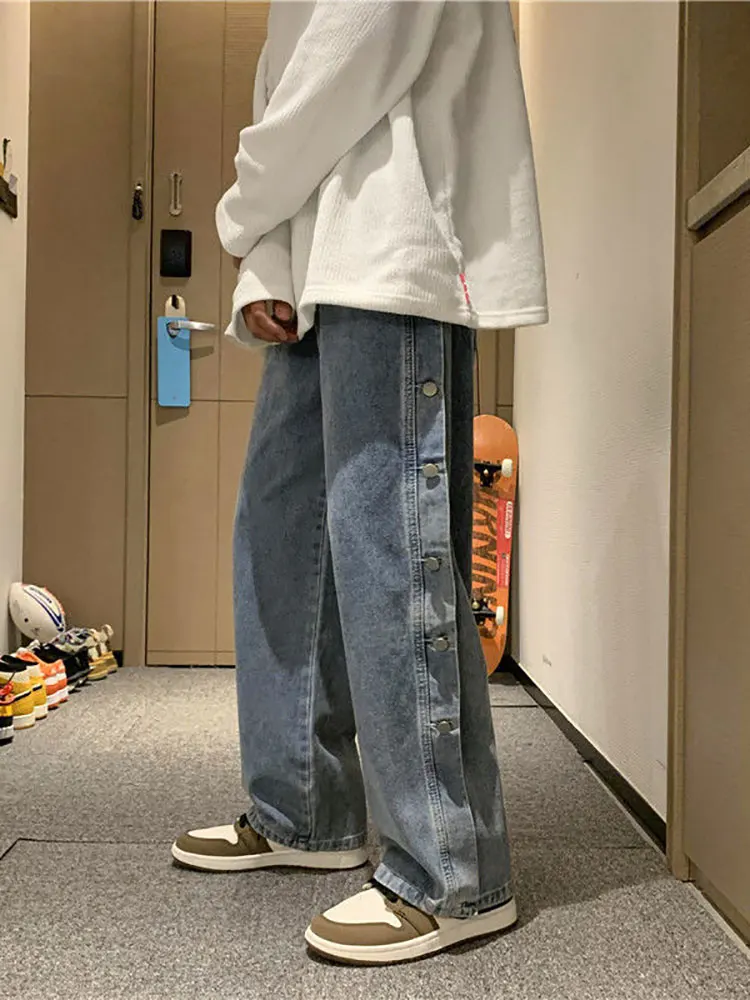 Японские винтажные джинсы, женские однобортные Свободные прямые брюки с широкими штанинами, мужские Весна-осень 2022, модный уличный хип-хоп тренд
