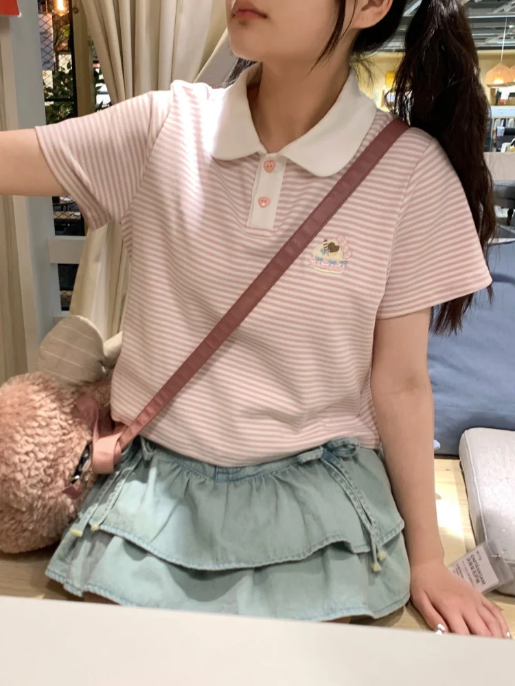 Японские футболки с пуговицами в полоску, Harajuku, винтажная готическая футболка Fairy, Y2k, Эстетическая футболка в стиле Гранж, женский укороченный топ с вышивкой